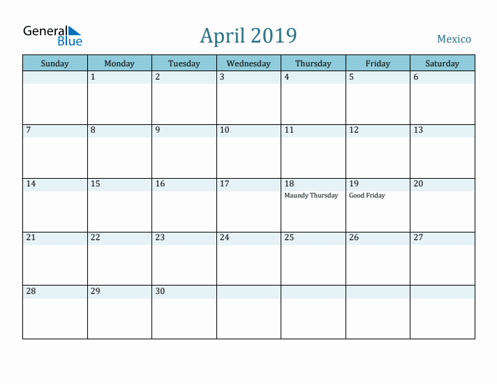 April 2019 Calendar with Holidays