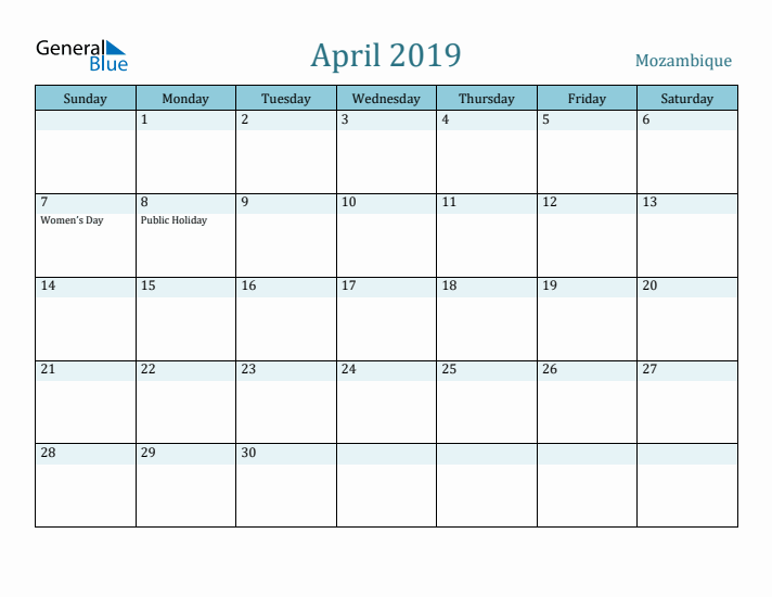 April 2019 Calendar with Holidays