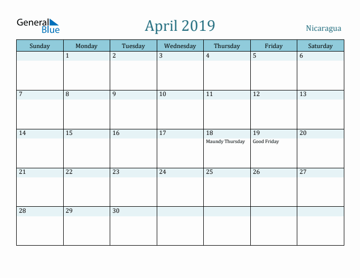 April 2019 Calendar with Holidays