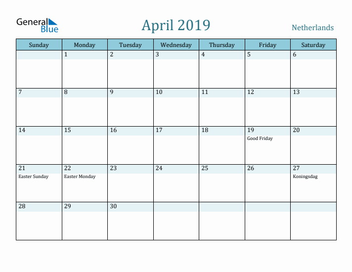 April 2019 Calendar with Holidays