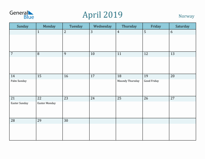 April 2019 Calendar with Holidays