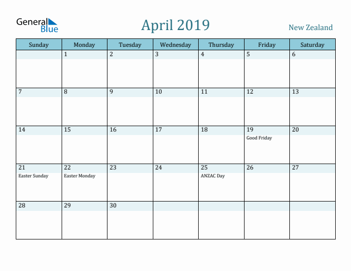 April 2019 Calendar with Holidays