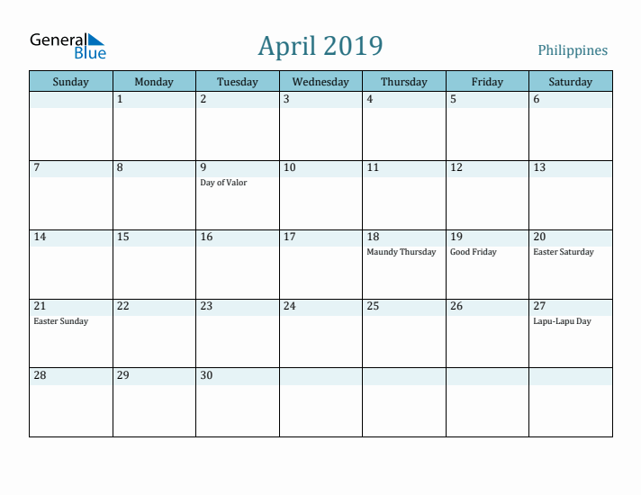 April 2019 Calendar with Holidays