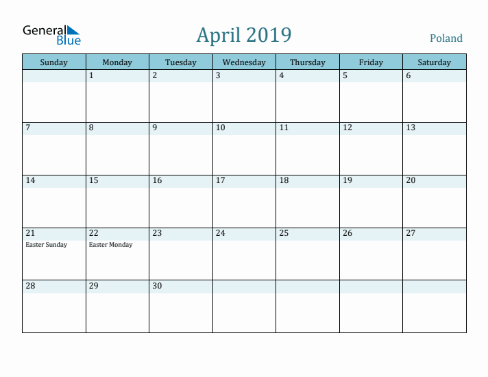 April 2019 Calendar with Holidays