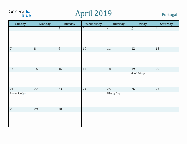 April 2019 Calendar with Holidays