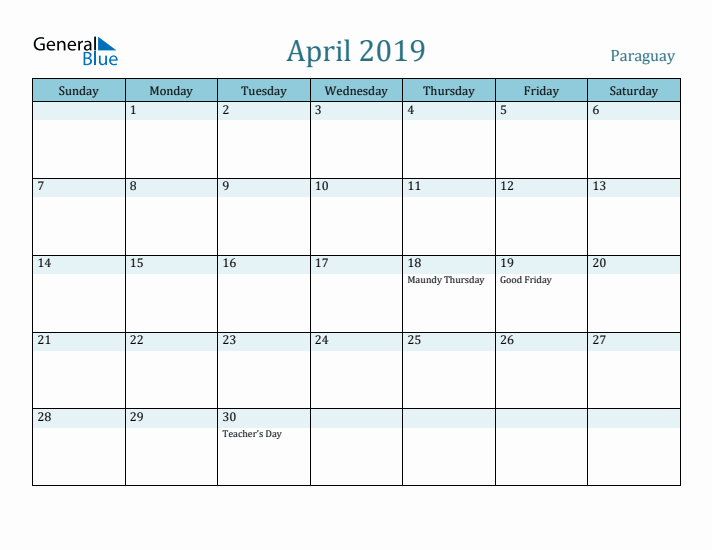 April 2019 Calendar with Holidays