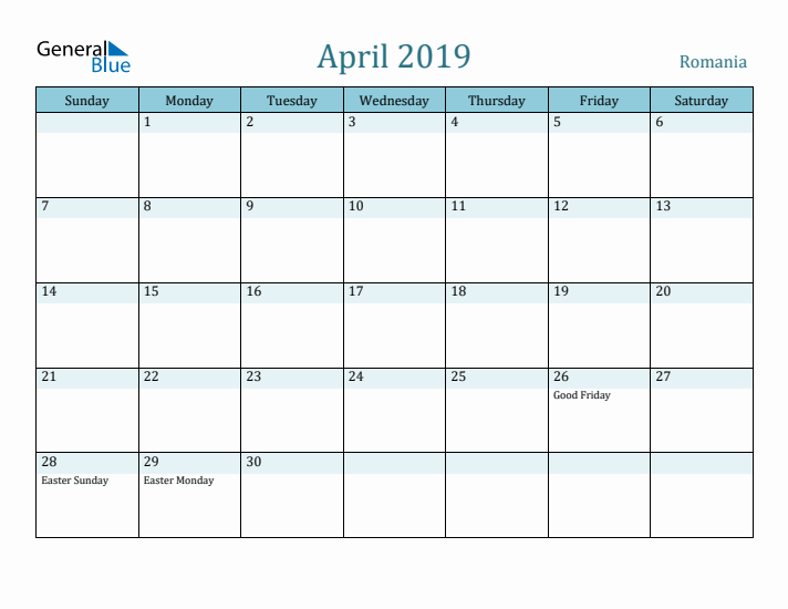 April 2019 Calendar with Holidays