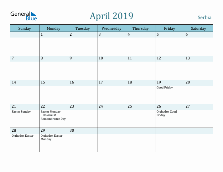 April 2019 Calendar with Holidays