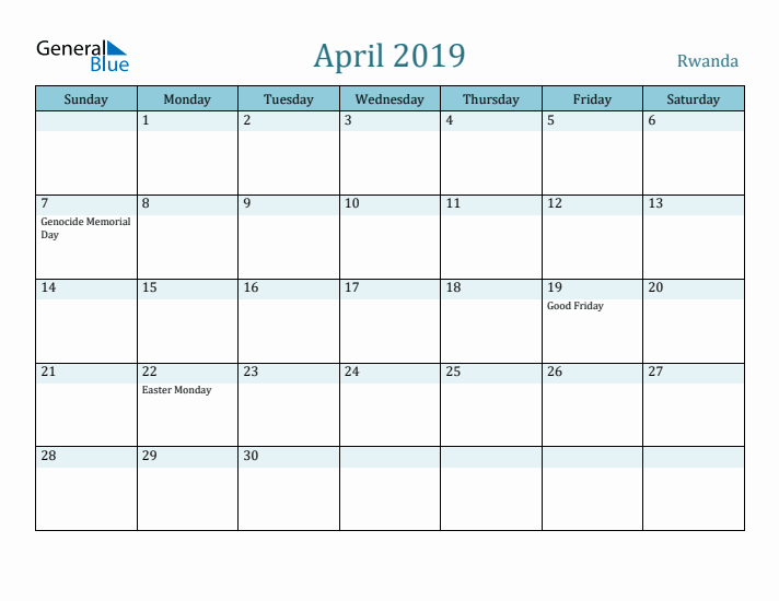 April 2019 Calendar with Holidays