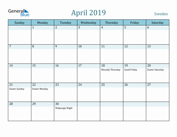 April 2019 Calendar with Holidays