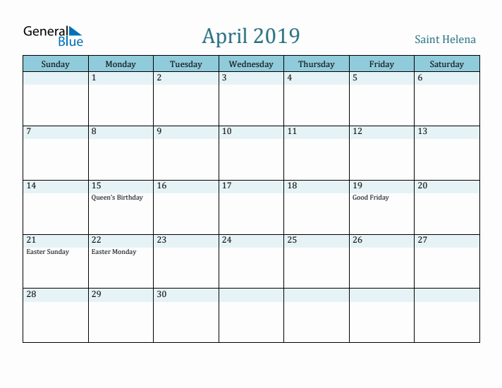 April 2019 Calendar with Holidays