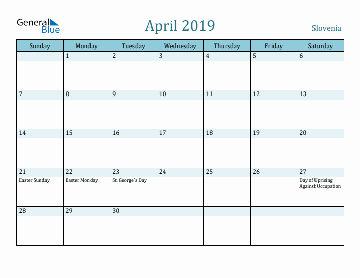 April 2019 Calendar with Holidays