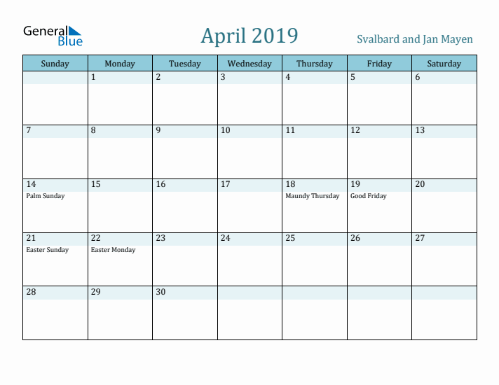 April 2019 Calendar with Holidays