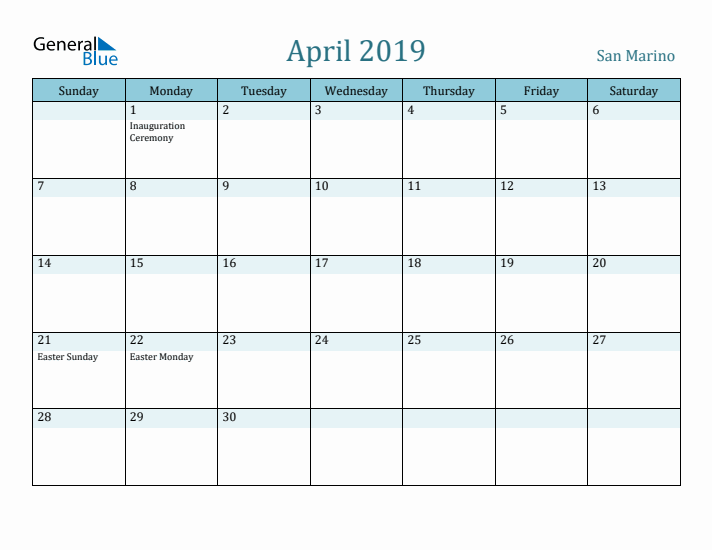 April 2019 Calendar with Holidays