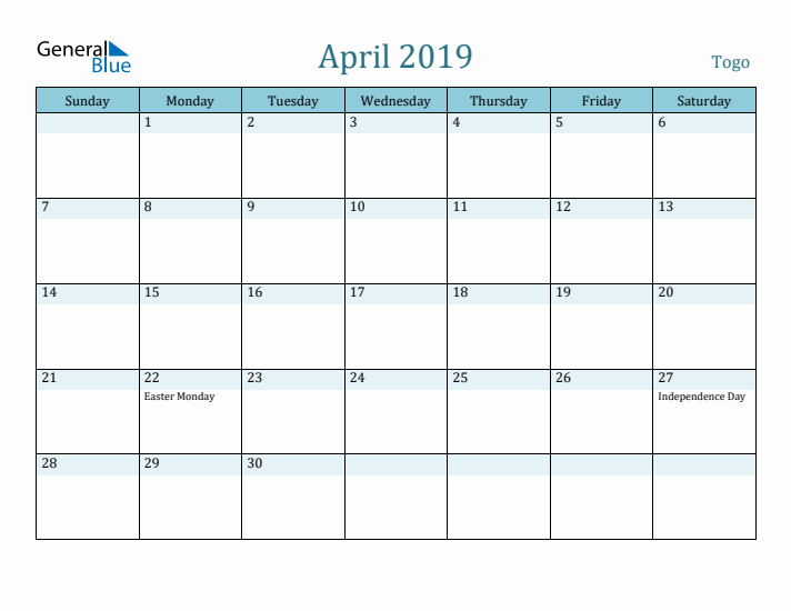 April 2019 Calendar with Holidays