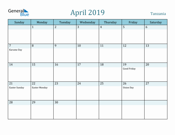 April 2019 Calendar with Holidays