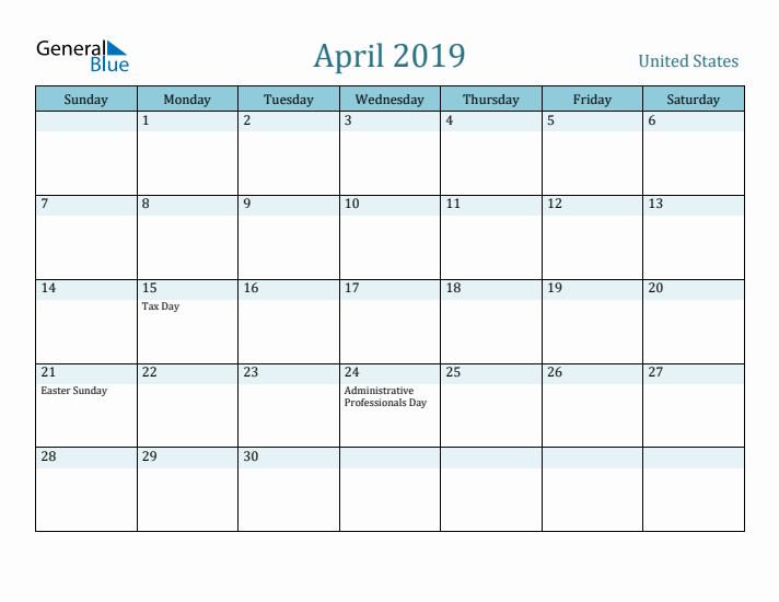 April 2019 Calendar with Holidays