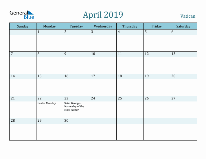 April 2019 Calendar with Holidays