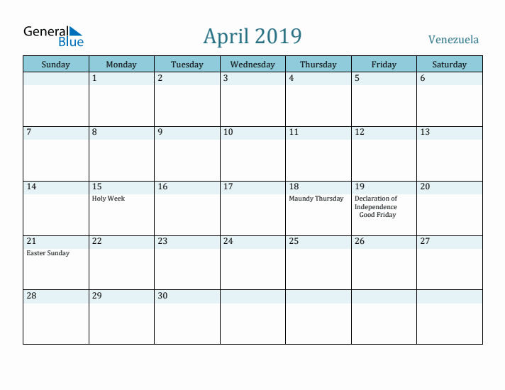 April 2019 Calendar with Holidays