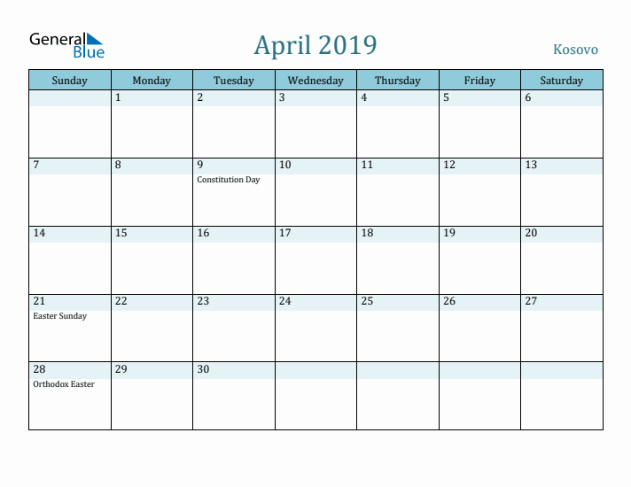 April 2019 Calendar with Holidays