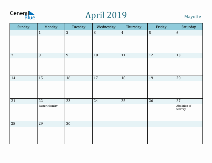 April 2019 Calendar with Holidays