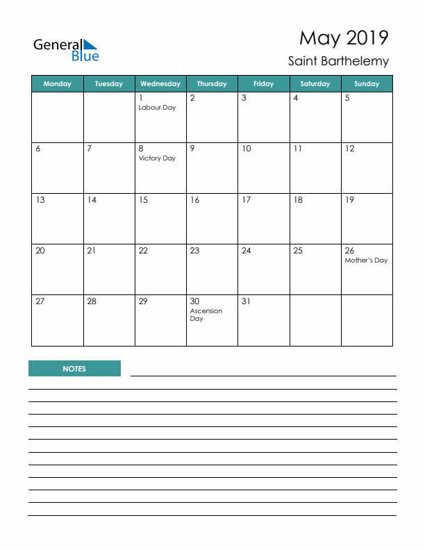 Calendar with Notes Printable - Monday Start