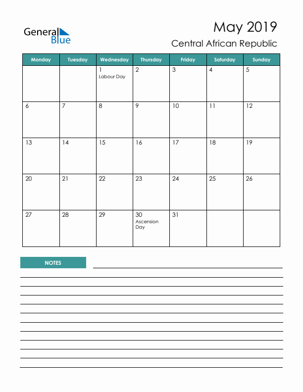 Calendar with Notes Printable - Monday Start