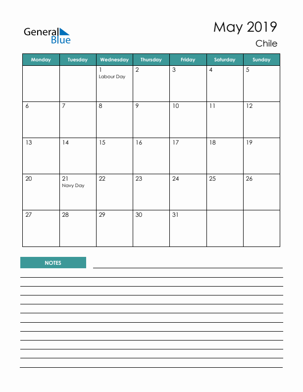 Calendar with Notes Printable - Monday Start