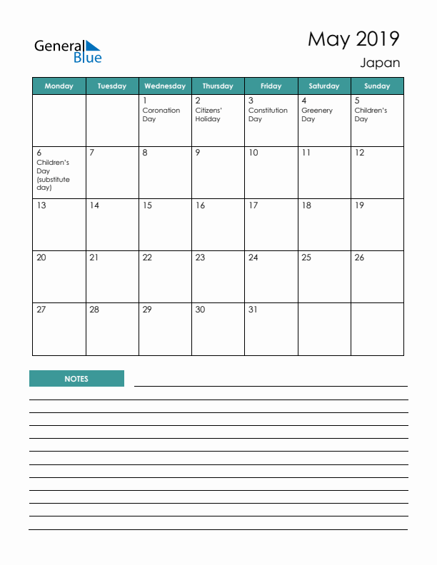 Calendar with Notes Printable - Monday Start