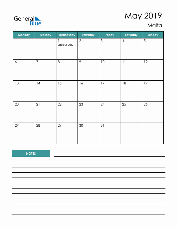 Calendar with Notes Printable - Monday Start