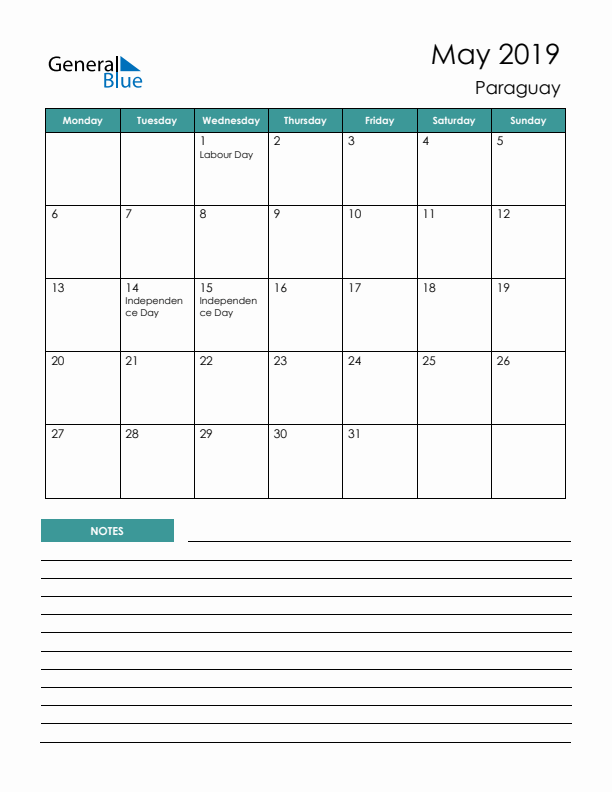 Calendar with Notes Printable - Monday Start