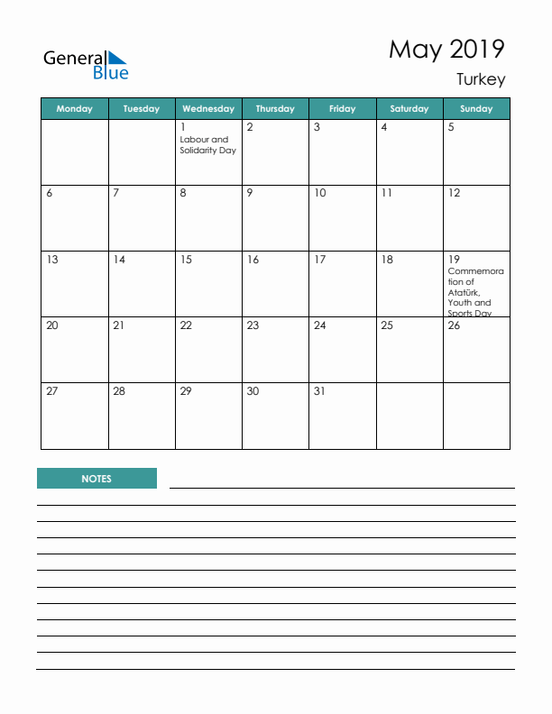 Calendar with Notes Printable - Monday Start