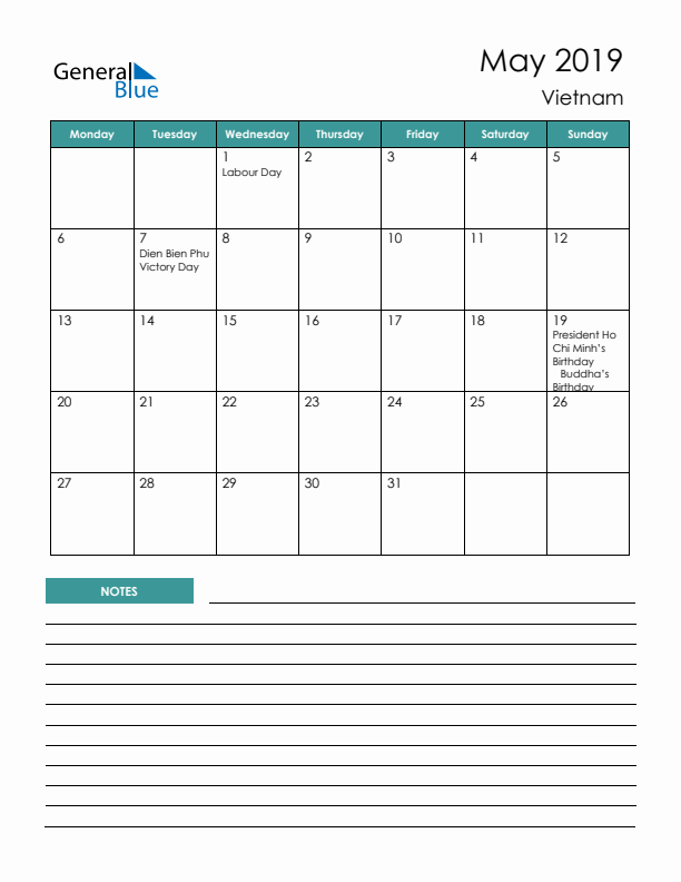 Calendar with Notes Printable - Monday Start