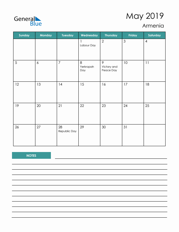 Calendar with Notes Printable - Sunday Start