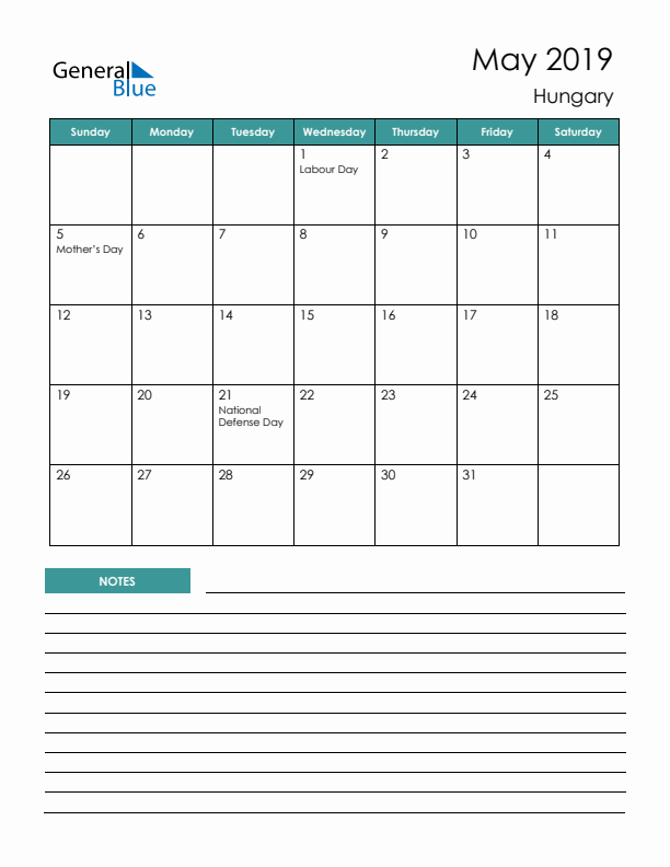 Calendar with Notes Printable - Sunday Start