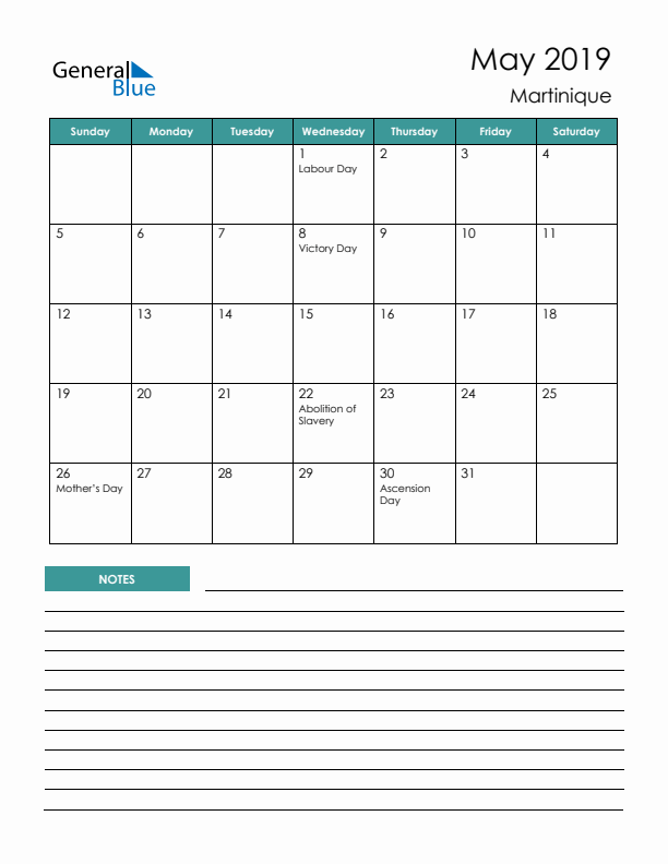 Calendar with Notes Printable - Sunday Start