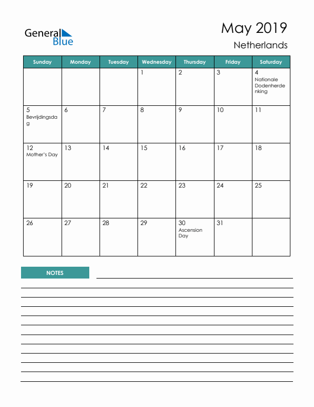 Calendar with Notes Printable - Sunday Start