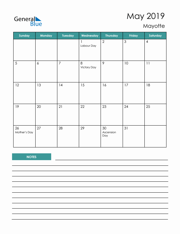 Calendar with Notes Printable - Sunday Start