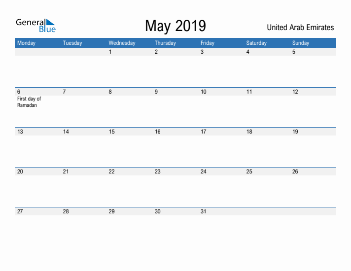 Fillable May 2019 Calendar