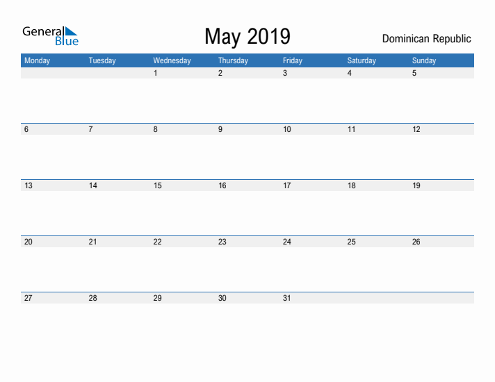 Fillable May 2019 Calendar