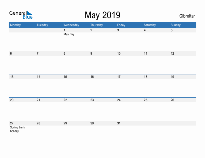 Fillable May 2019 Calendar