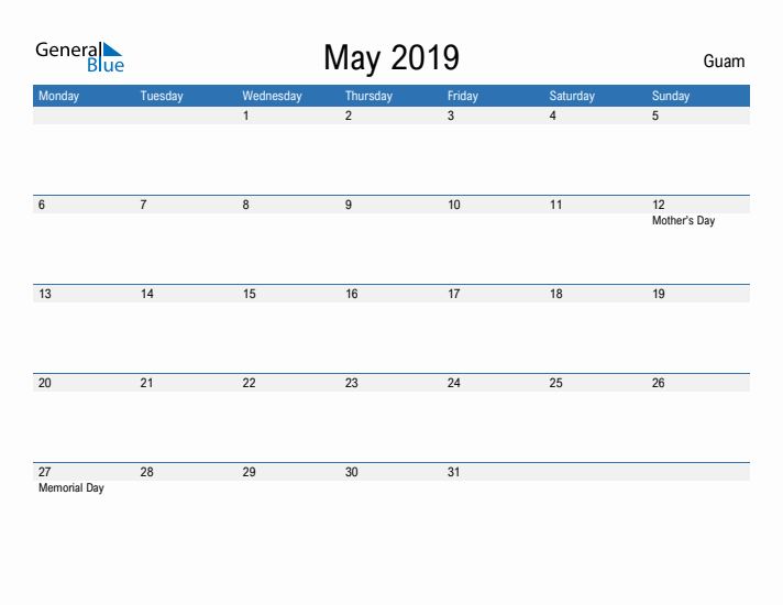 Fillable May 2019 Calendar