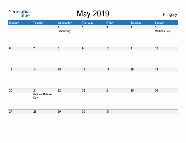 Fillable May 2019 Calendar