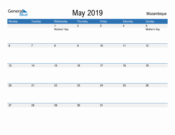 Fillable May 2019 Calendar