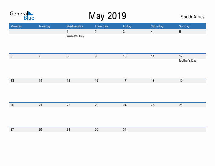 Fillable May 2019 Calendar