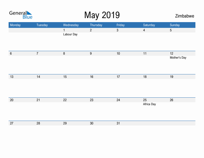 Fillable May 2019 Calendar