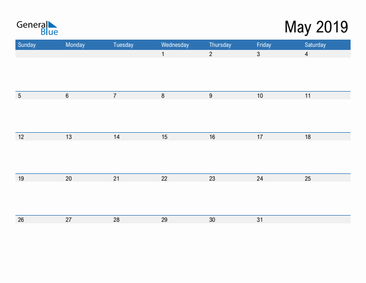 Fillable Calendar for May 2019