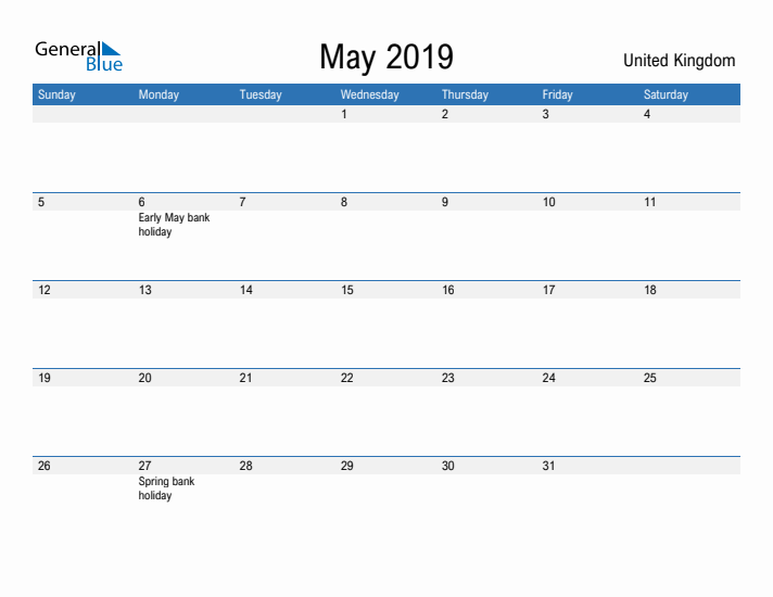 Fillable May 2019 Calendar