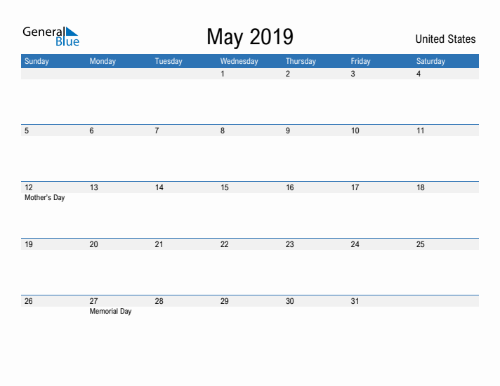 Fillable May 2019 Calendar