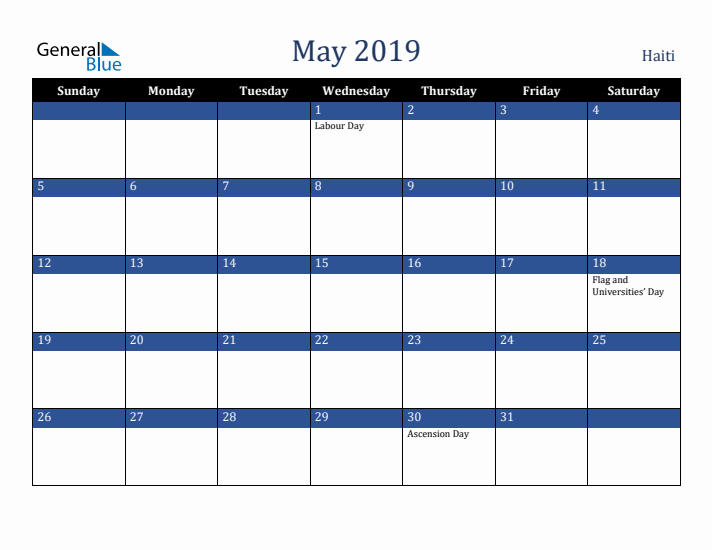 May 2019 Haiti Calendar (Sunday Start)